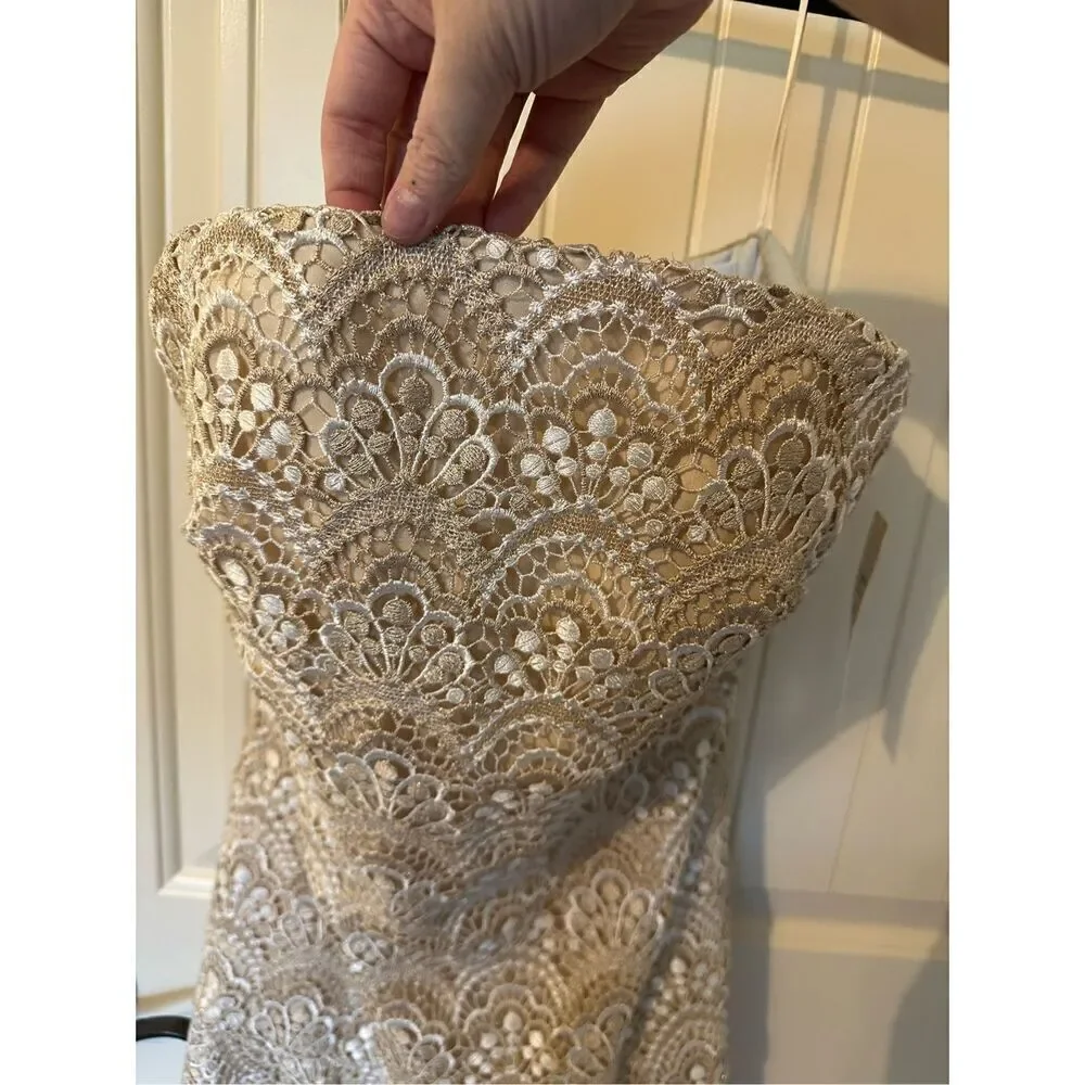 NWT Y2K Badgley Mishcka Strapless Lace Ivory Gold Midi Dress Women Size 6 SC1280